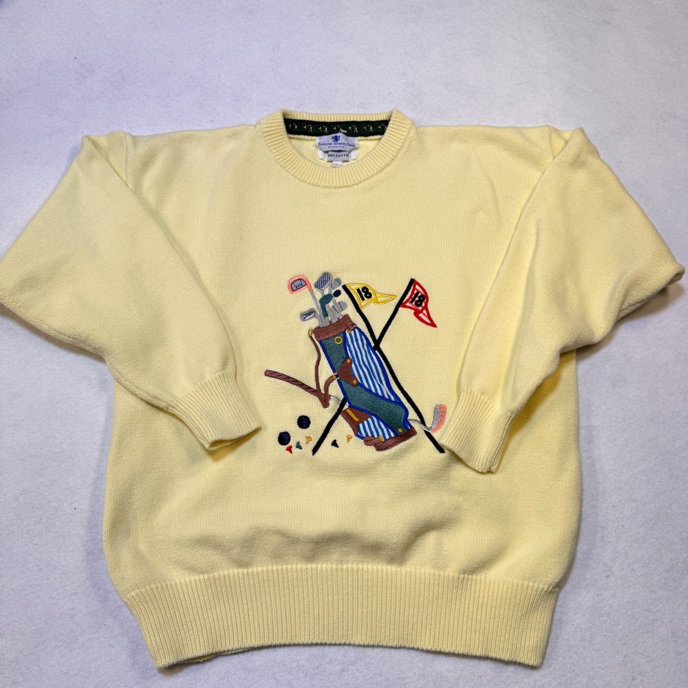 English Sports Shop Bermuda Golf Sweater L Yellow Embroidered Cotton Knit Preppy